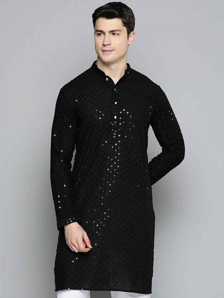 Black Rayon Embroidered Festival Party Kurta