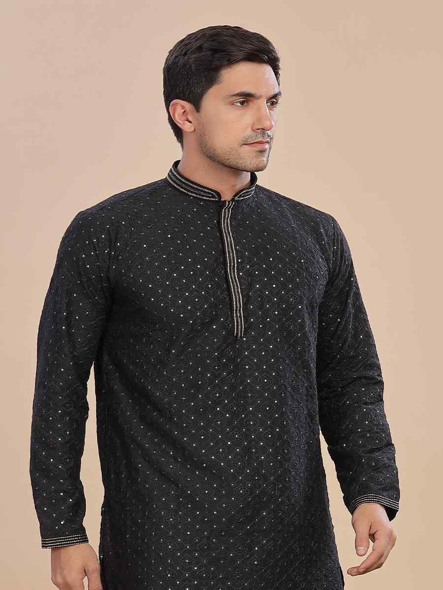 Black Rayon Embroidered Party Wedding Kurta