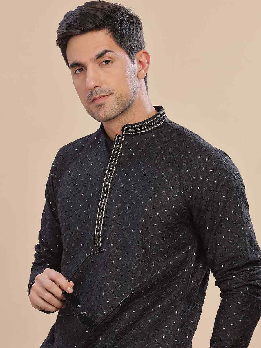 Black Rayon Embroidered Party Wedding Kurta