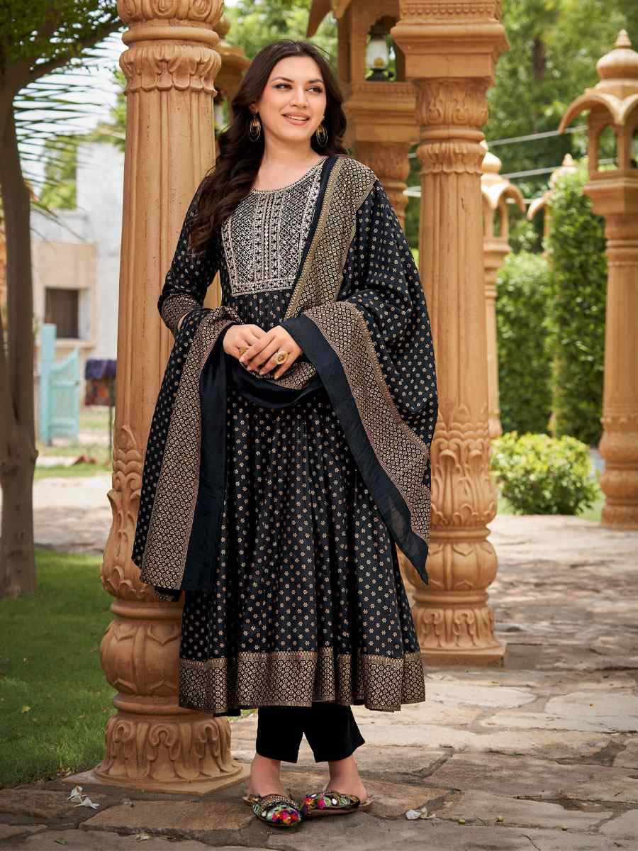 Black Rayon Embroidery Party Wedding Festival Casual Ready Anarkali Salwar Kameez