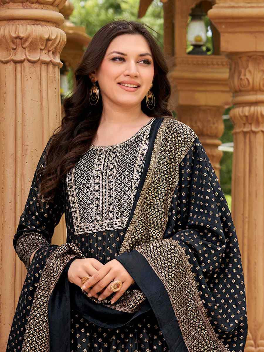 Black Rayon Embroidery Party Wedding Festival Casual Ready Anarkali Salwar Kameez