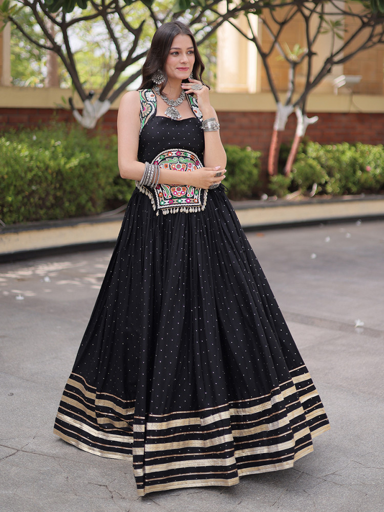 Image of Black Rayon Gamthi Mirror Work Wedding Reception Festival Party Wear Ready Circular Lehenga Choli