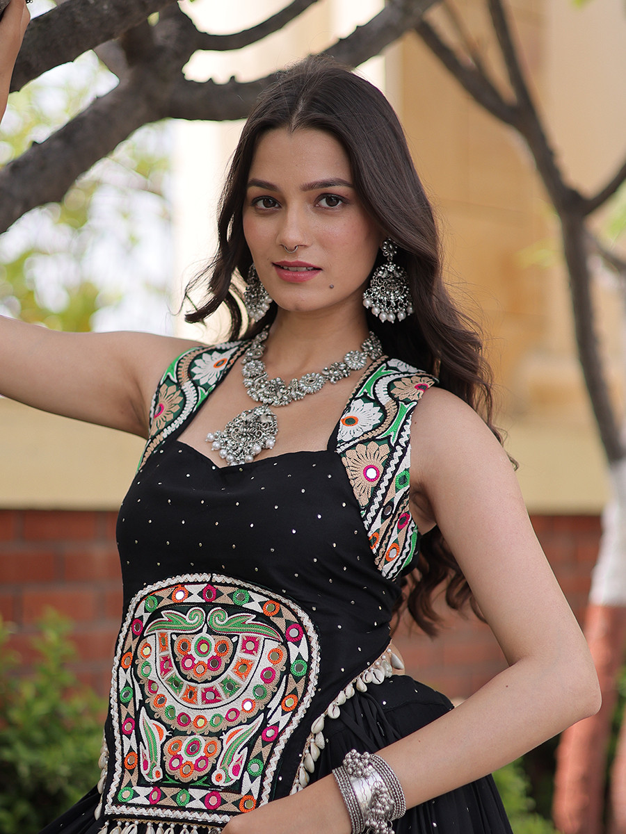 Black Rayon Gamthi Mirror Work Wedding Reception Festival Party Wear Ready Circular Lehenga Choli