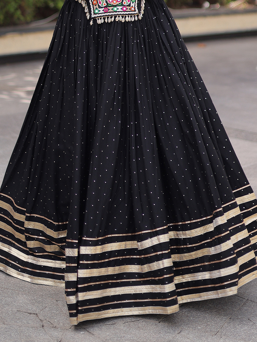 Black Rayon Gamthi Mirror Work Wedding Reception Festival Party Wear Ready Circular Lehenga Choli