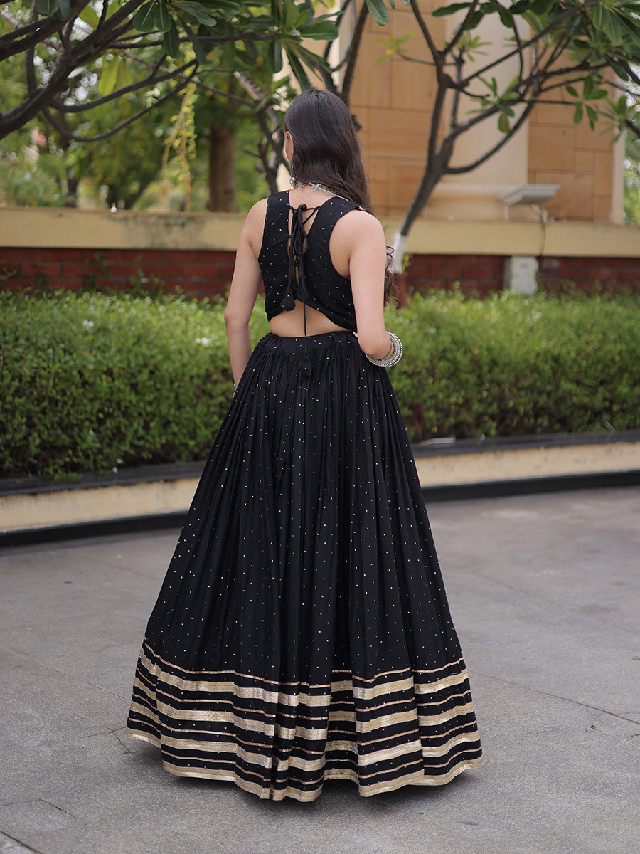 Black Rayon Gamthi Mirror Work Wedding Reception Festival Party Wear Ready Circular Lehenga Choli