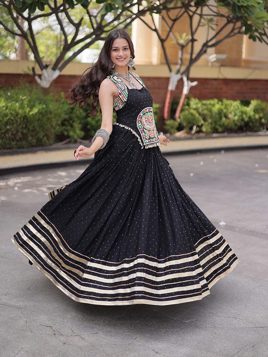 Black Rayon Gamthi Mirror Work Wedding Reception Festival Party Wear Ready Circular Lehenga Choli