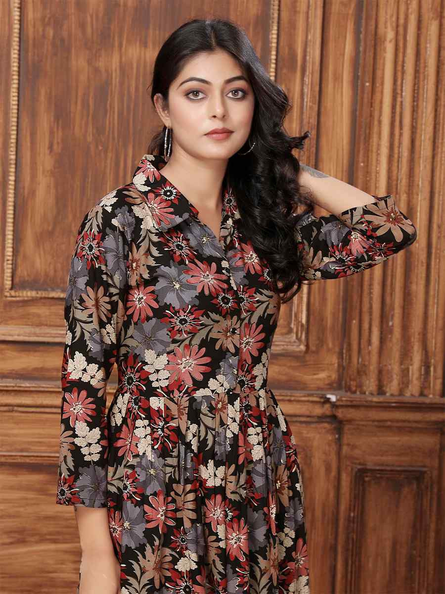 Black Rayon Printed Festival Casual Kurti