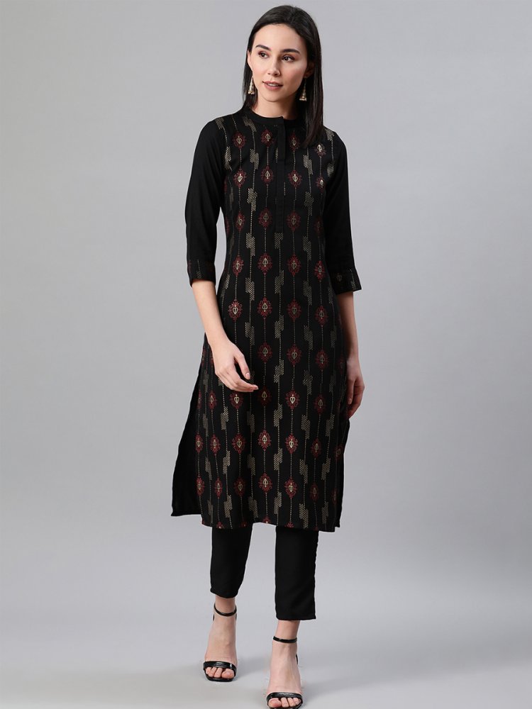 Black Rayon Printed Festival Casual Kurti