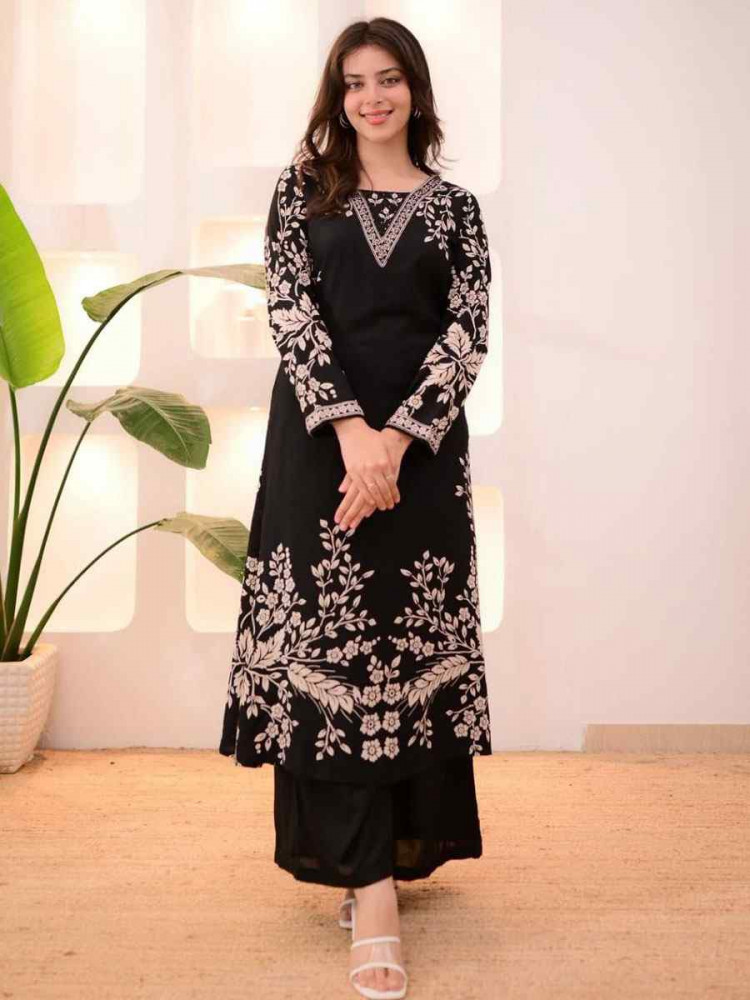 Image of Black Rayon Slub Printed Embroidered Festival Casual Kurti with Bottom