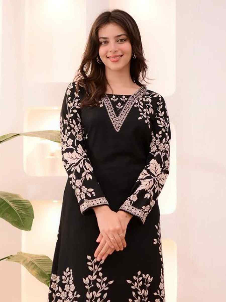 Black Rayon Slub Printed Embroidered Festival Casual Kurti with Bottom