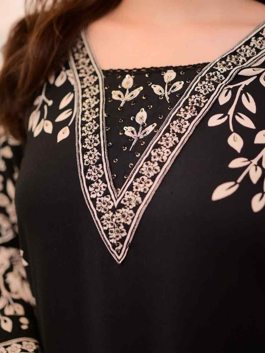Black Rayon Slub Printed Embroidered Festival Casual Kurti with Bottom