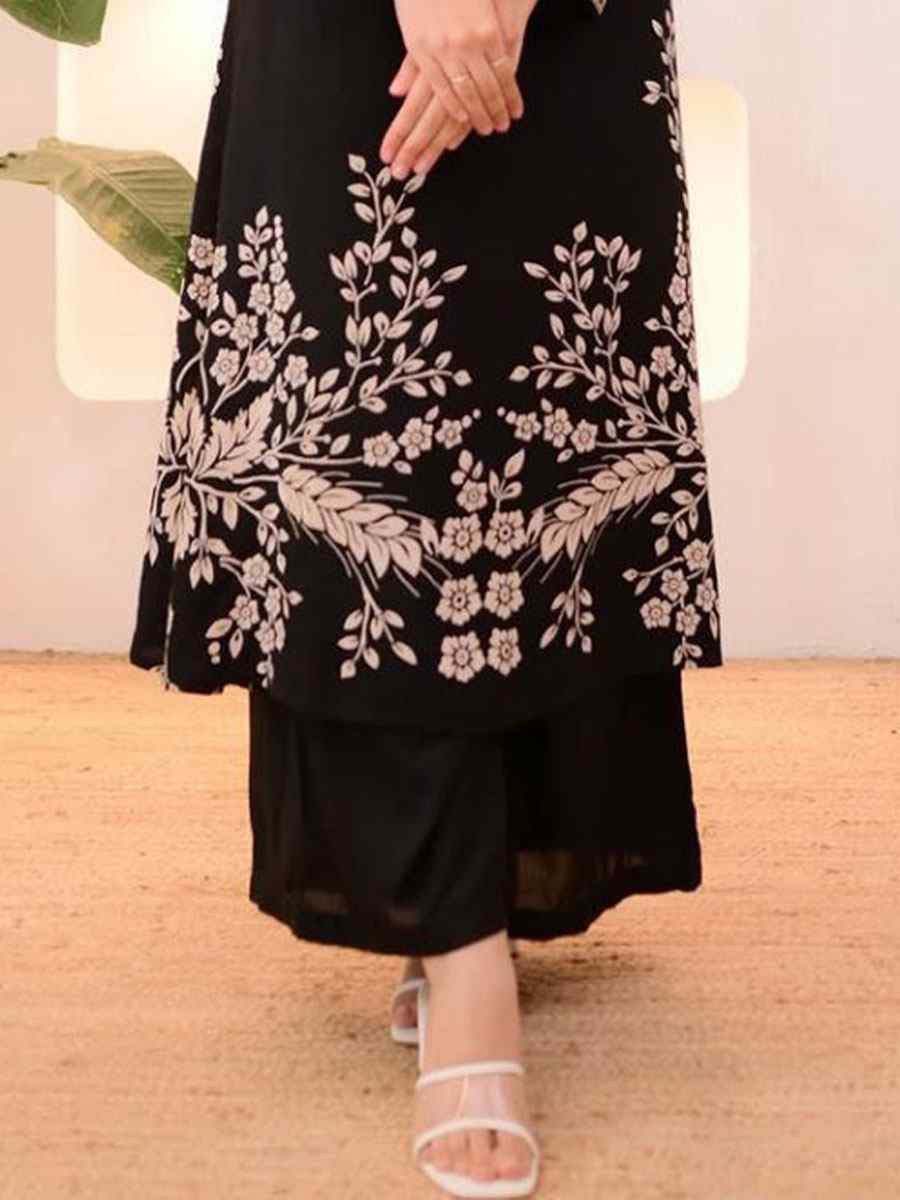 Black Rayon Slub Printed Embroidered Festival Casual Kurti with Bottom