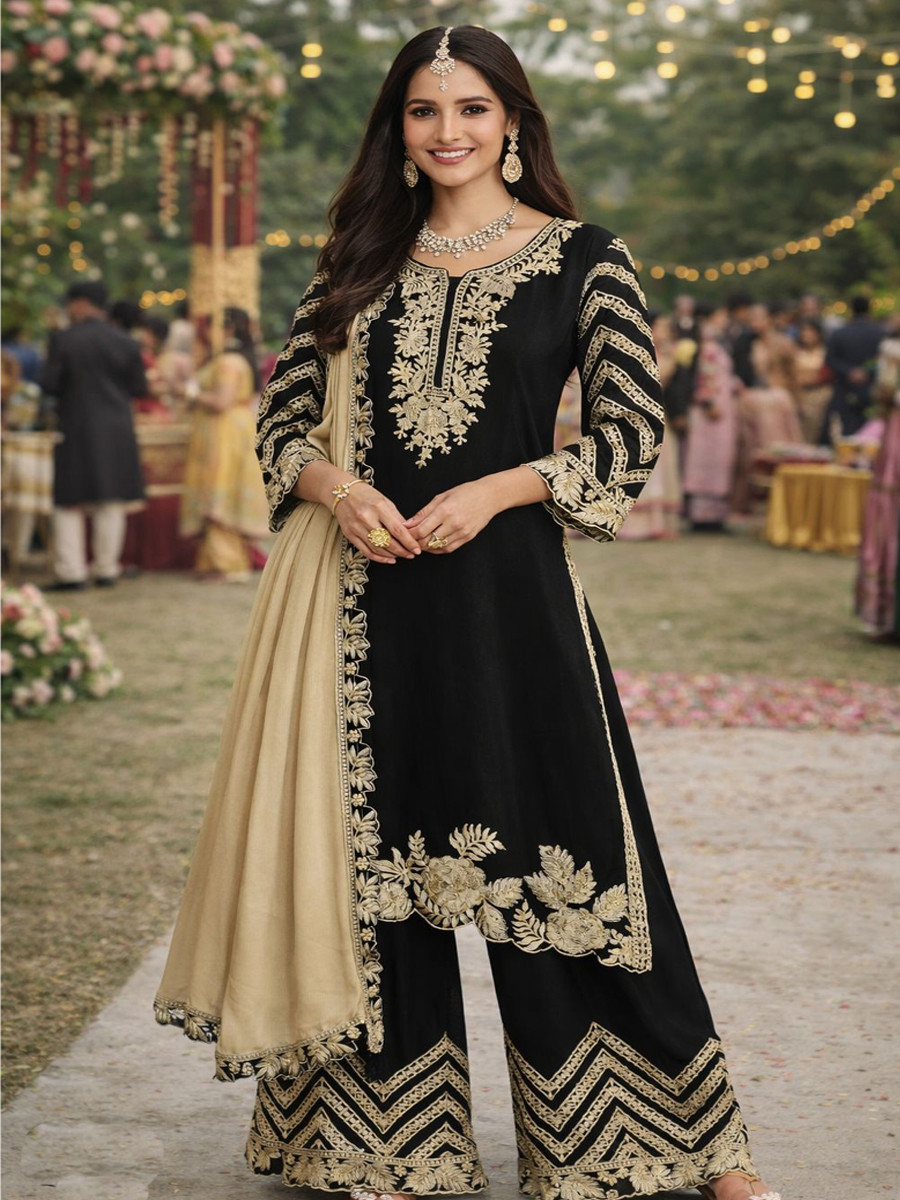 Black Real Chinon Heavy Embroidery Party Wedding Festival Casual Ready Palazzo Pant Salwar Kameez