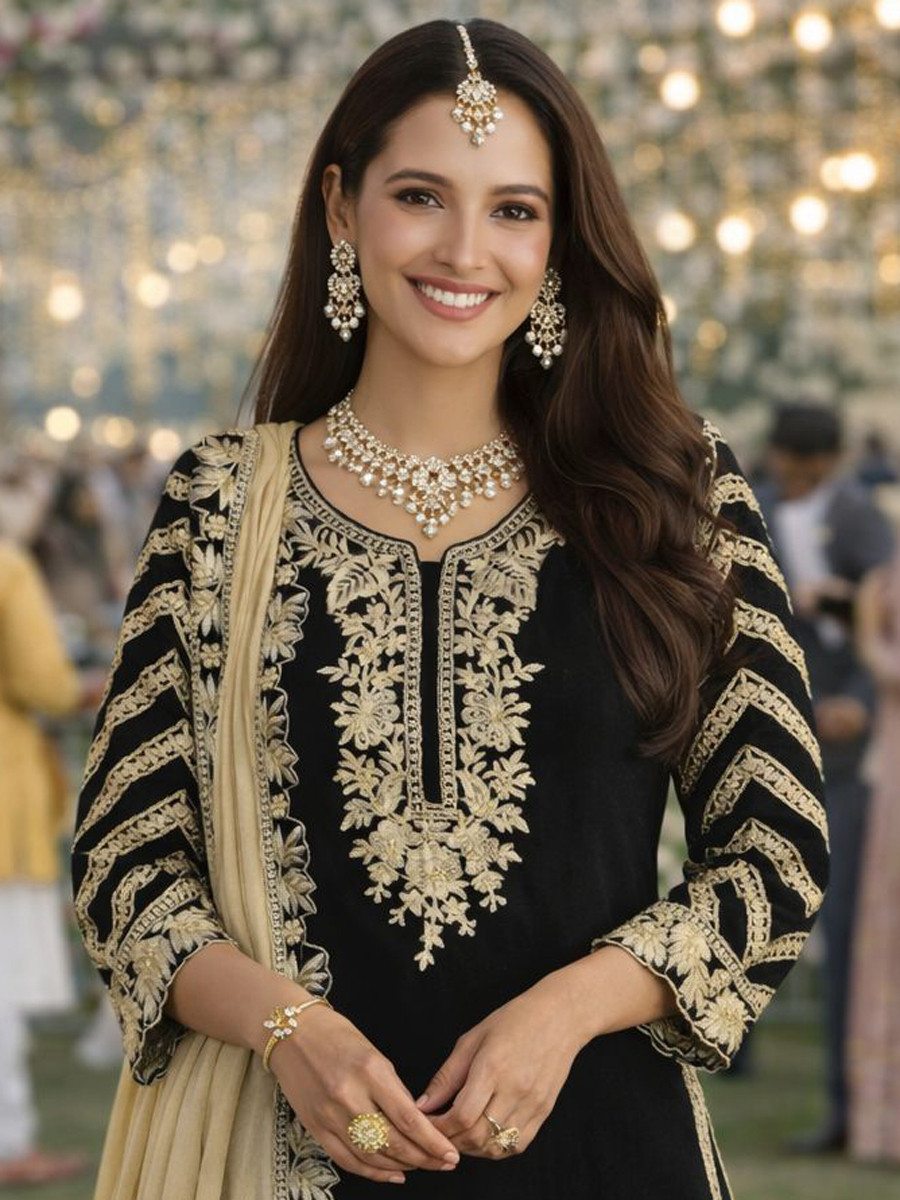 Black Real Chinon Heavy Embroidery Party Wedding Festival Casual Ready Palazzo Pant Salwar Kameez