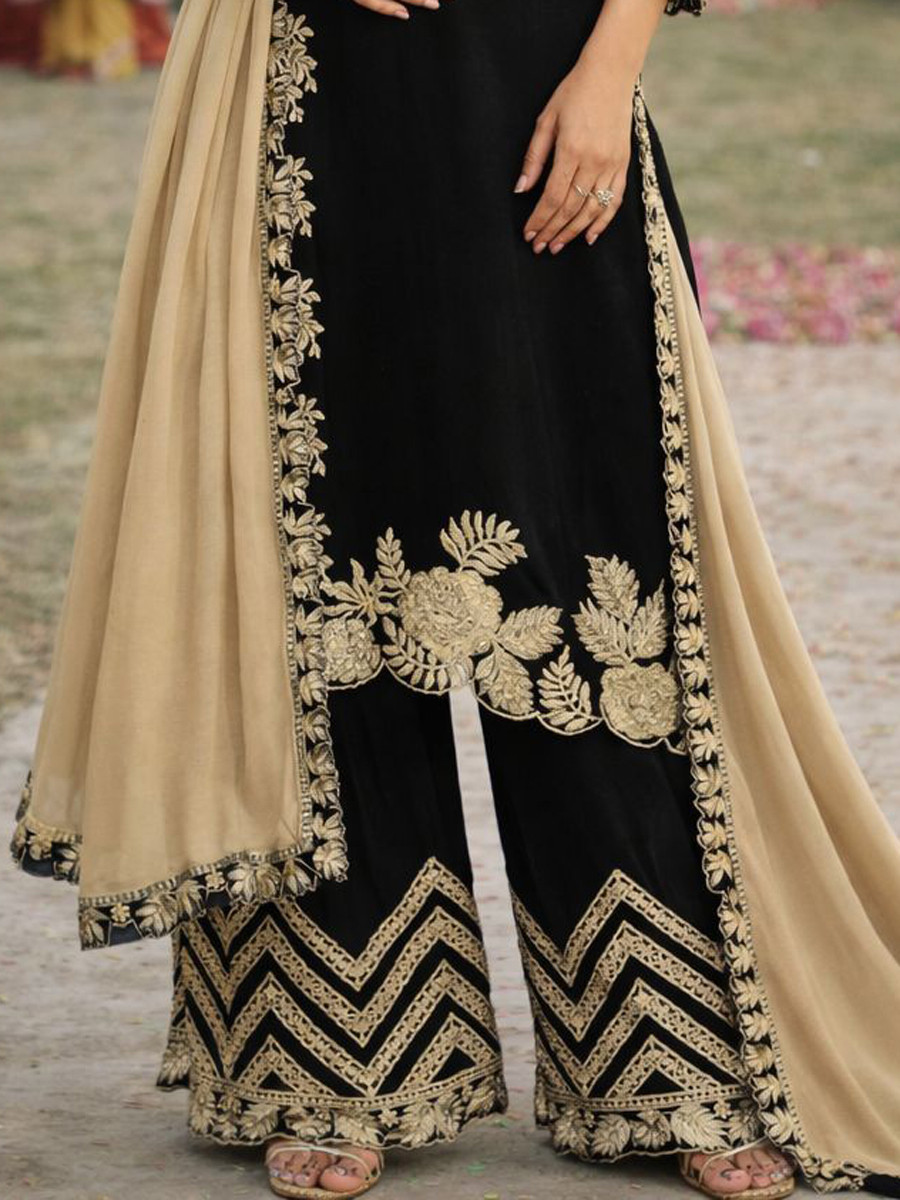 Black Real Chinon Heavy Embroidery Party Wedding Festival Casual Ready Palazzo Pant Salwar Kameez