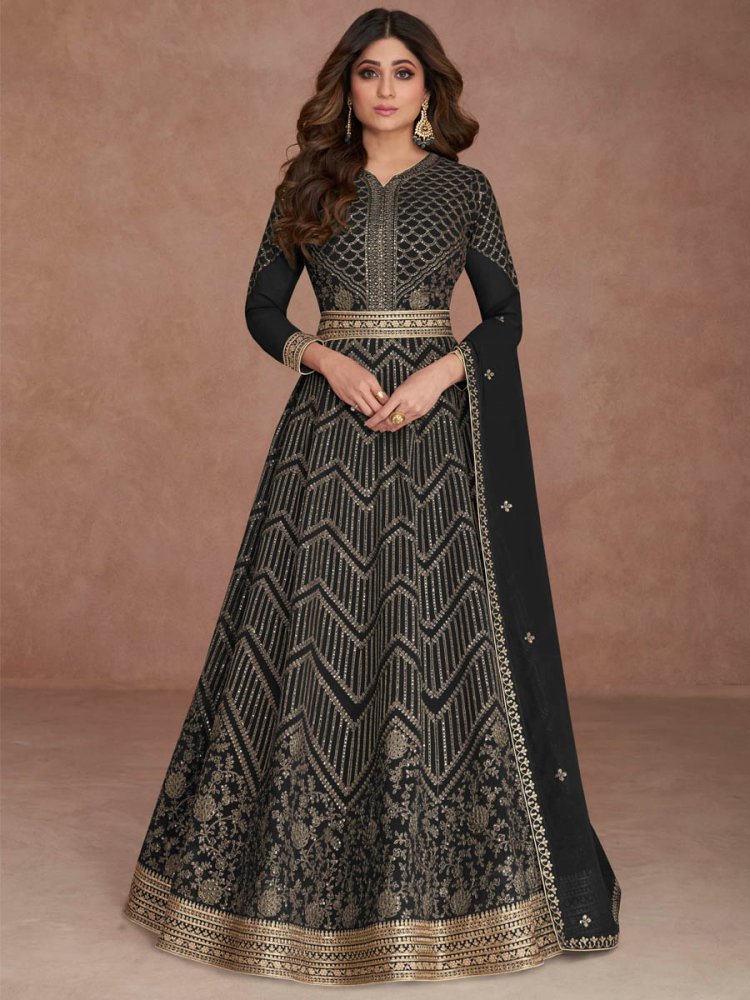 Black Real Georgette Embroidered Festival Wedding Ready Anarkali Bollywood Style Salwar Kameez