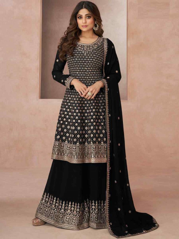 Black Real Georgette Embroidered Festival Wedding Ready Palazzo Pant Bollywood Style Salwar Kameez