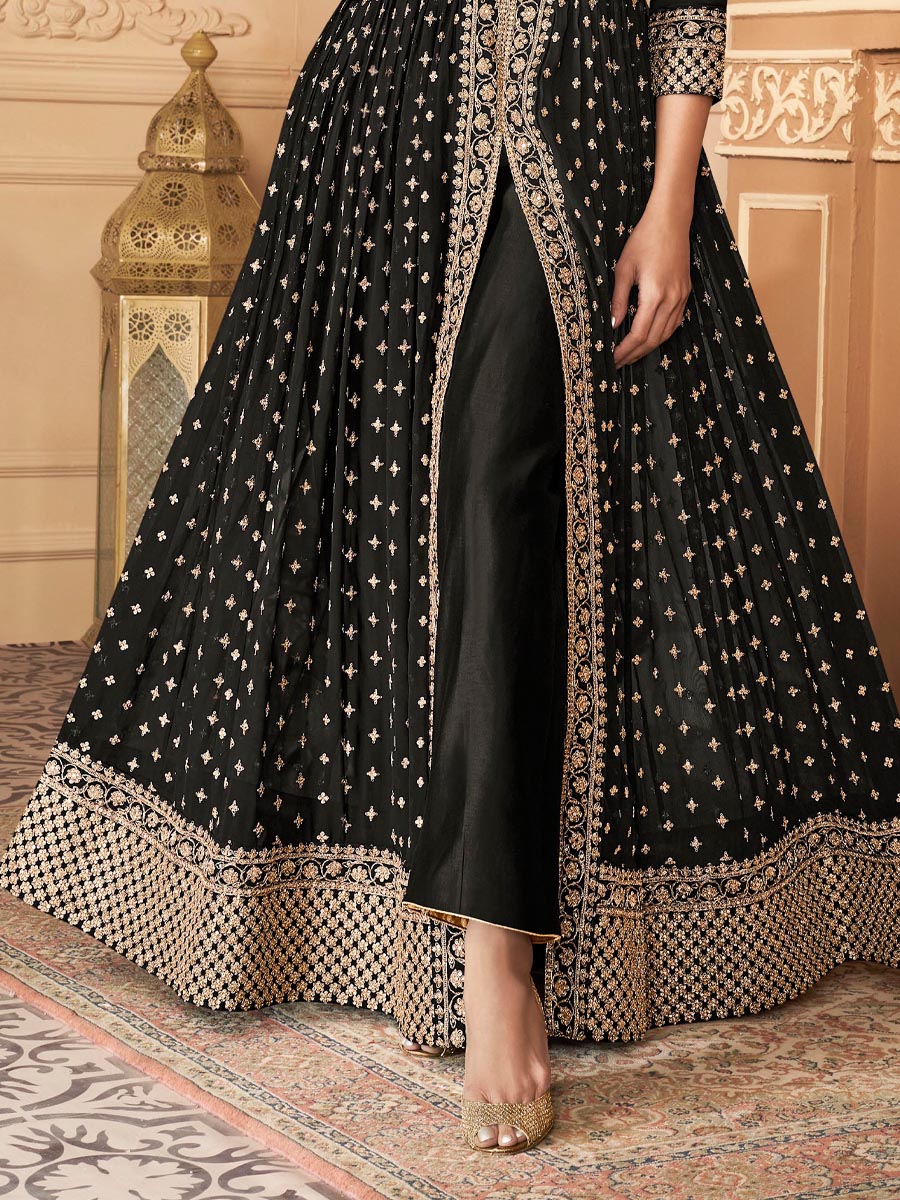 Black Real Georgette Embroidered Wedding Festival Bollywood Style Anarkali Salwar Kameez
