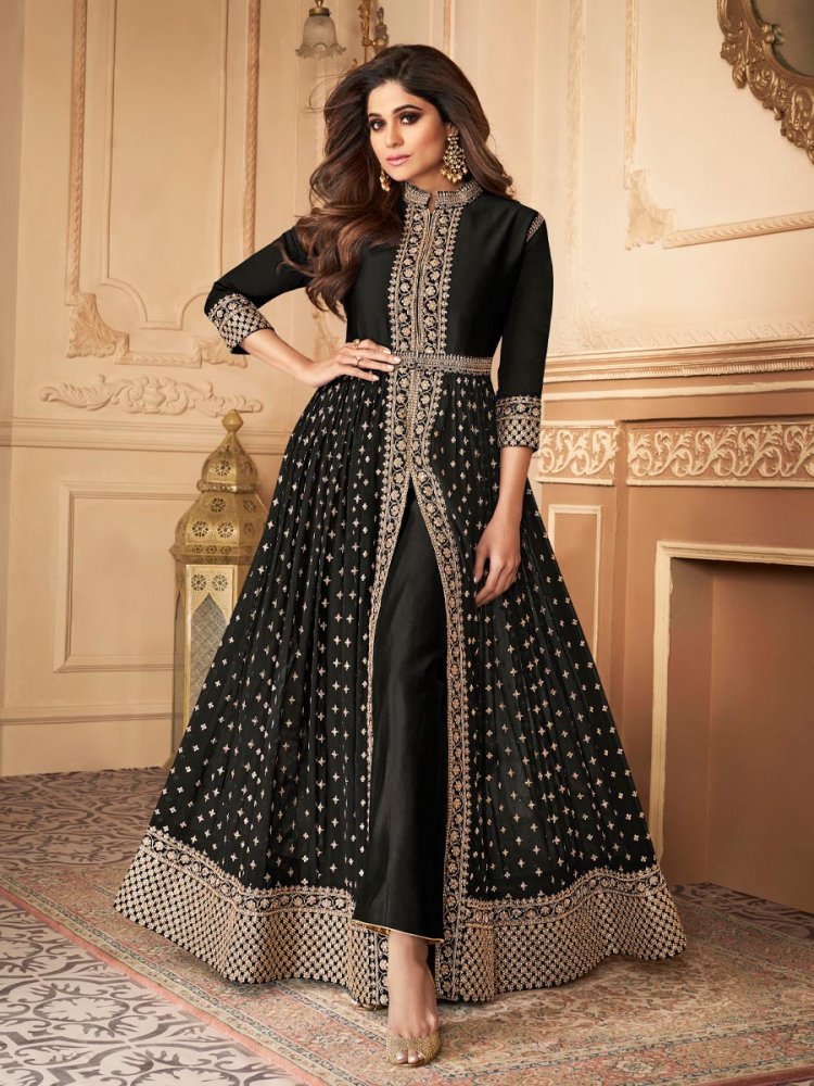 Black Real Georgette Embroidered Wedding Festival Bollywood Style Anarkali Salwar Kameez