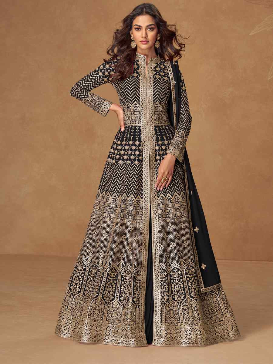 Black Real Georgette Embroidery Party Wedding Festival Ready Lawn Salwar Kameez