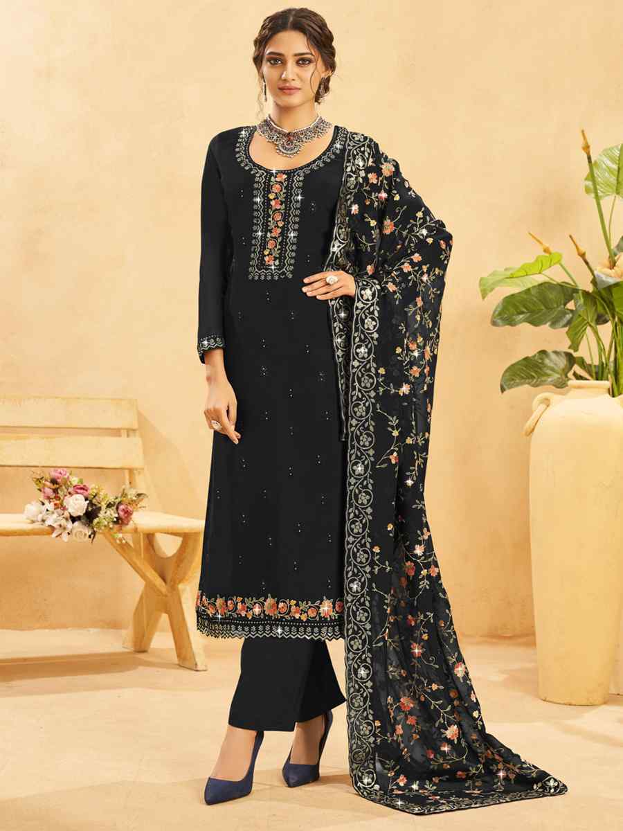 Black Real Organza Embroidered Festival Wedding Pant Salwar Kameez