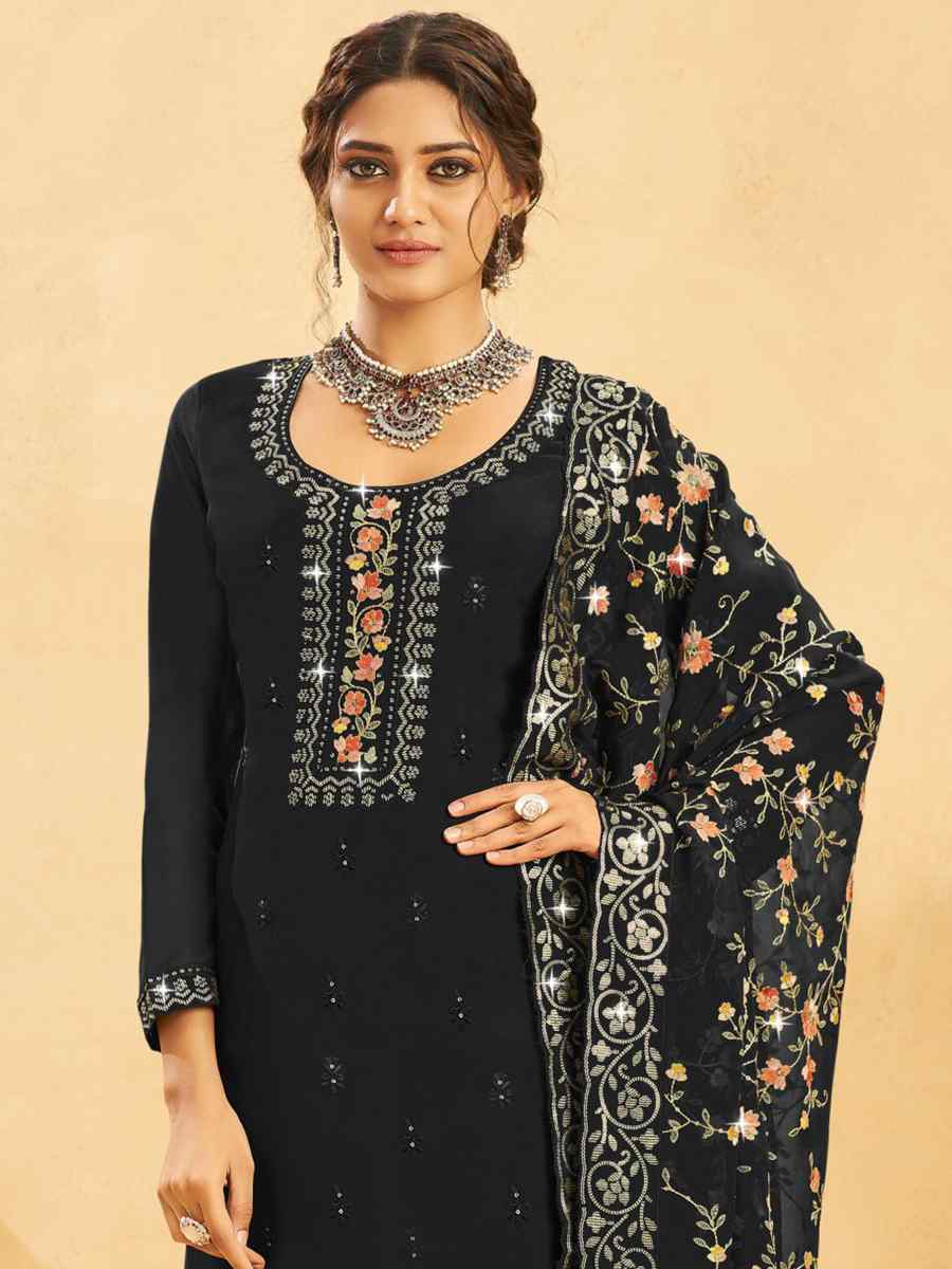 Black Real Organza Embroidered Festival Wedding Pant Salwar Kameez