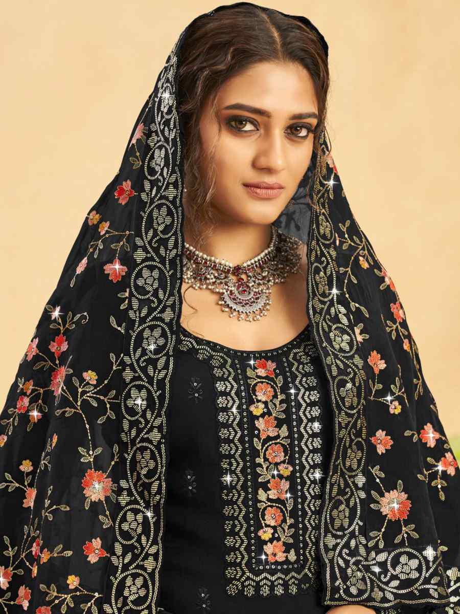 Black Real Organza Embroidered Festival Wedding Pant Salwar Kameez