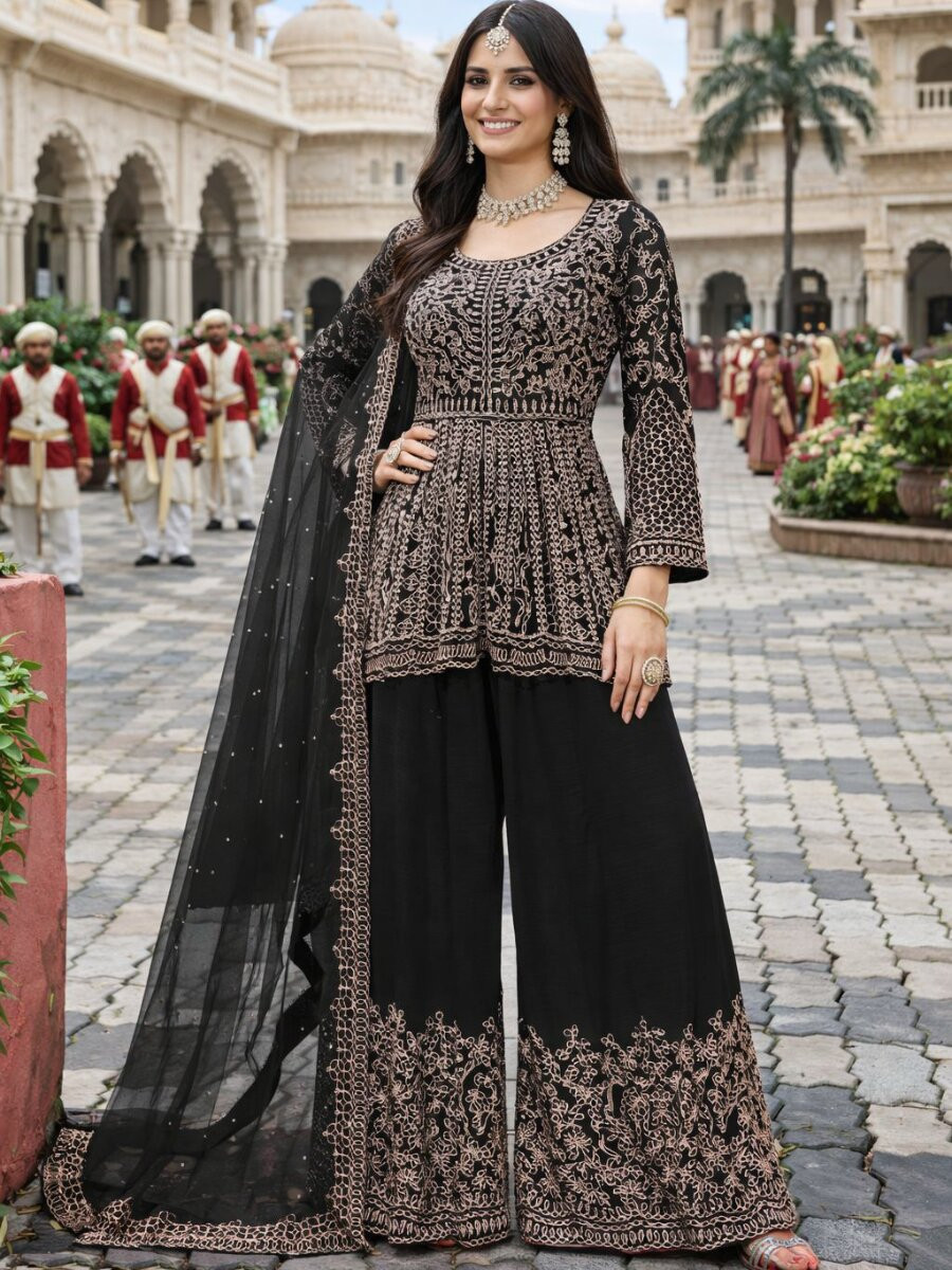 Black Real Premium Chinon Embroidery Wedding Party Festival Casual Ready Palazzo Pant Salwar Kameez