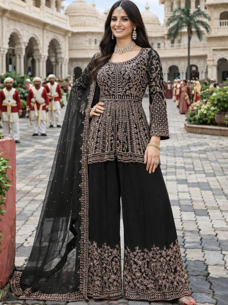 Image of Black Real Premium Chinon Embroidery Wedding Party Festival Casual Ready Palazzo Pant Salwar Kameez