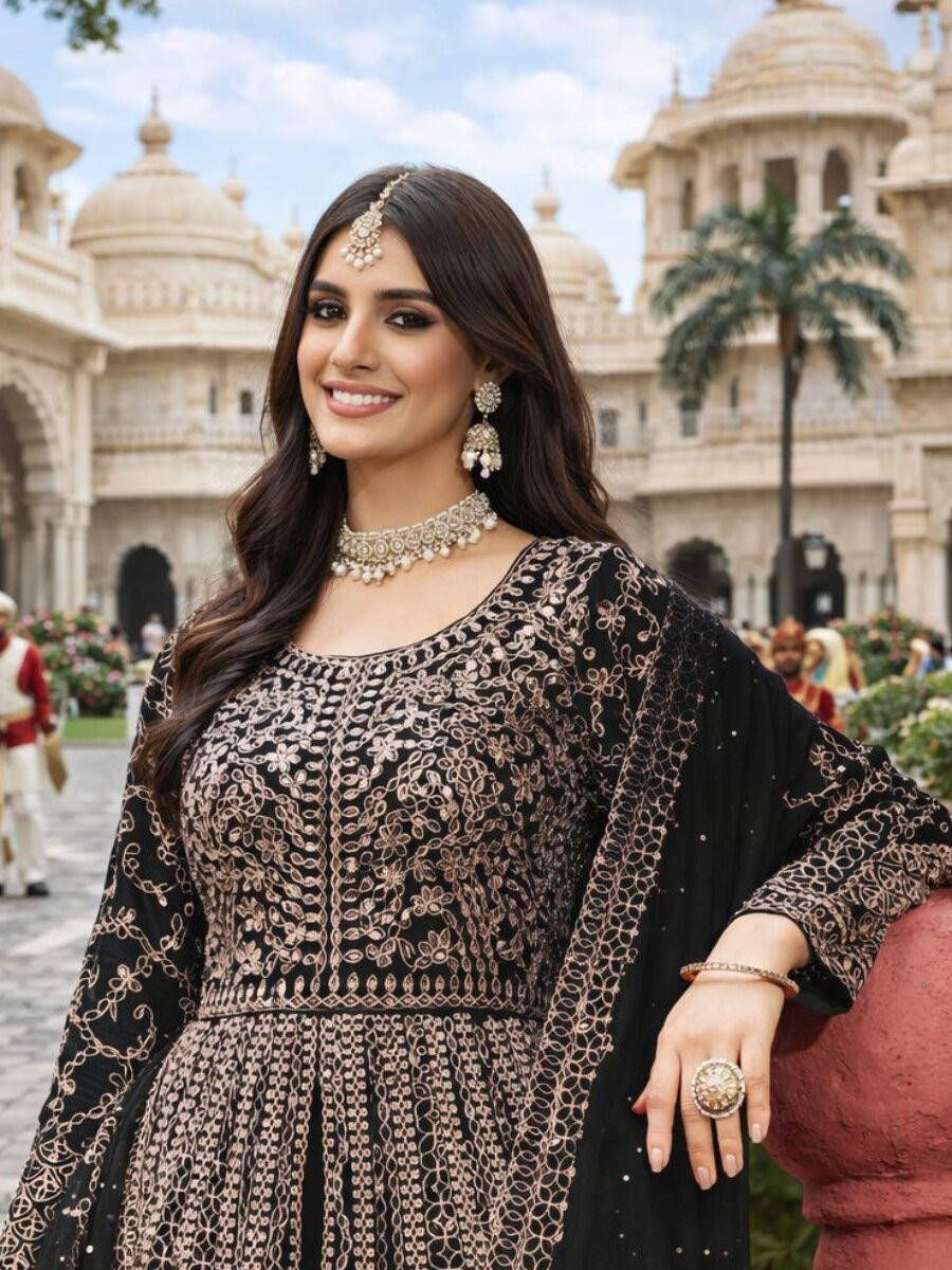 Black Real Premium Chinon Embroidery Wedding Party Festival Casual Ready Palazzo Pant Salwar Kameez