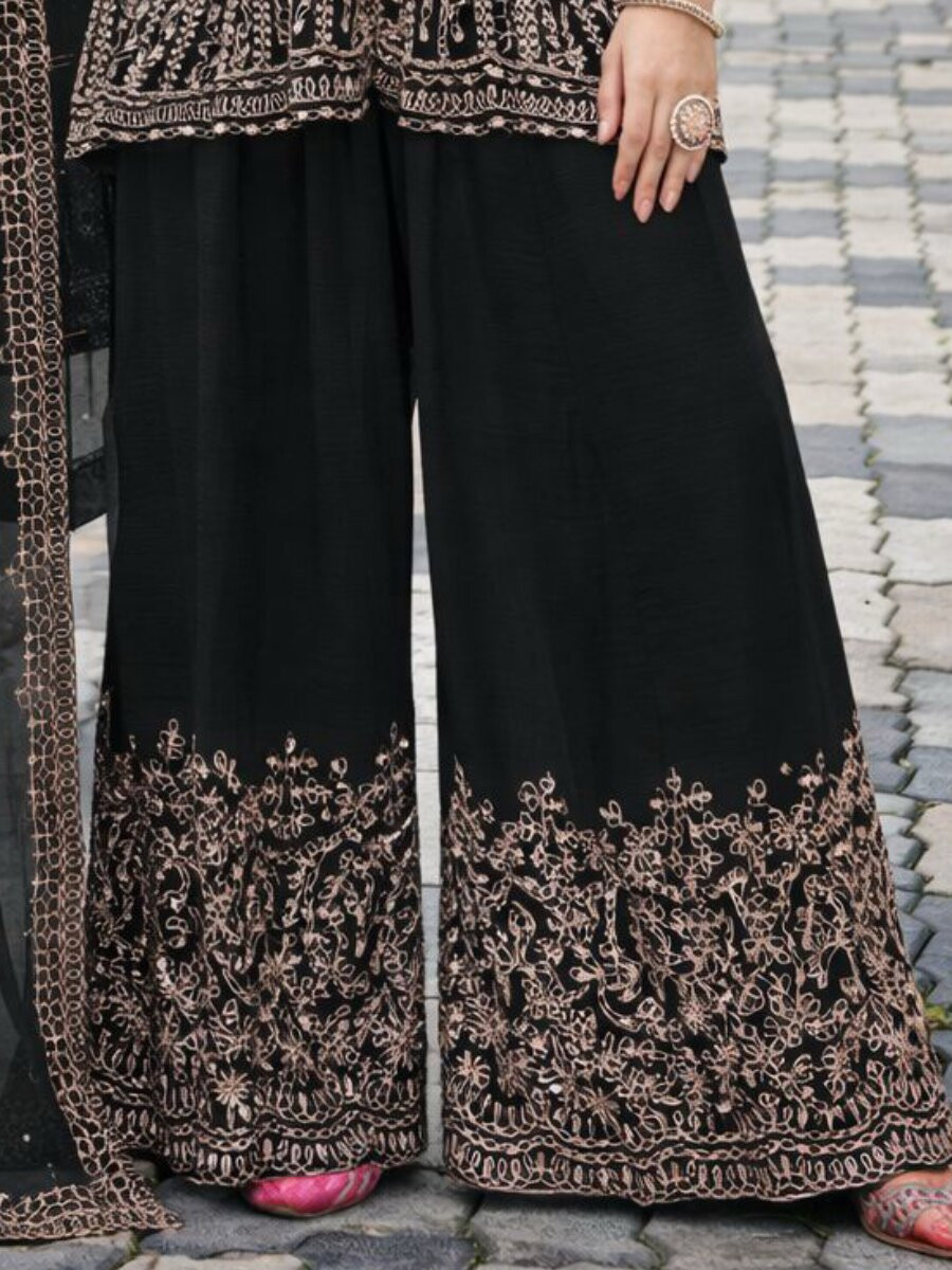 Black Real Premium Chinon Embroidery Wedding Party Festival Casual Ready Palazzo Pant Salwar Kameez