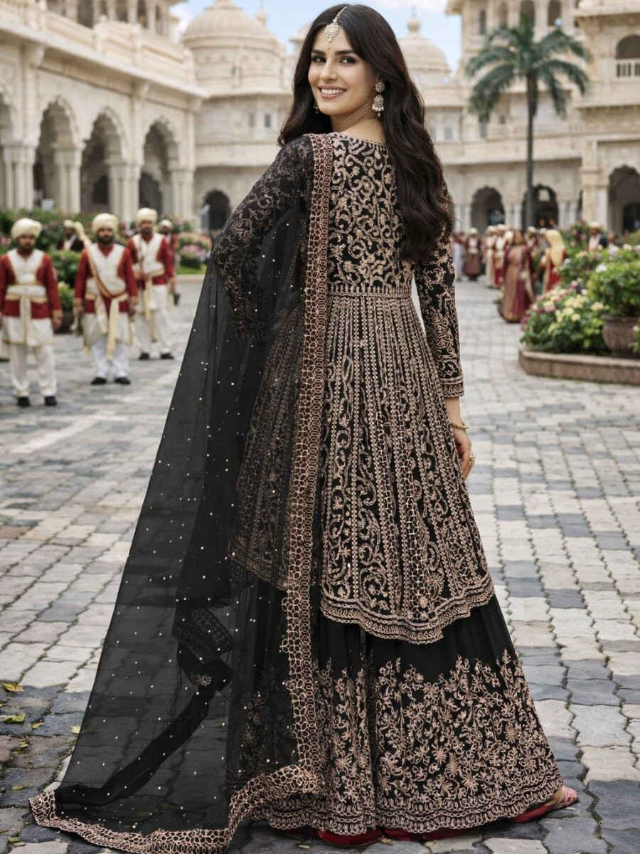 Black Real Premium Chinon Embroidery Wedding Party Festival Casual Ready Palazzo Pant Salwar Kameez