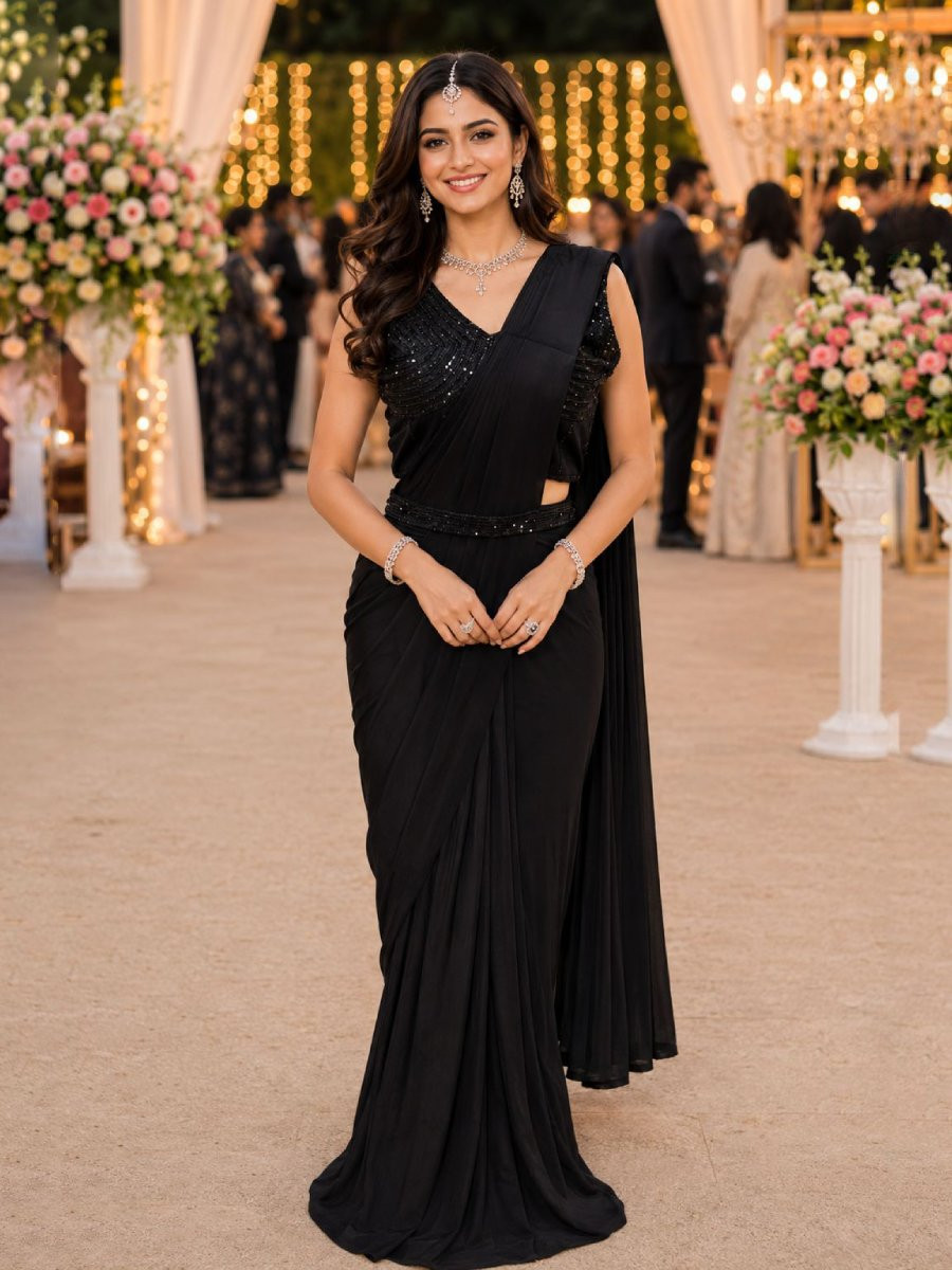 Black Real Premium Lycra Embroidery Wedding Reception Party Festival Casual Classic Style Sarees