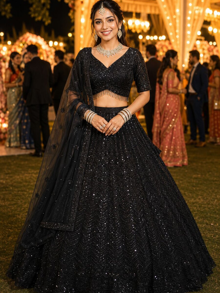 Black Real Premium Net Beads Work Wedding Reception Party Festival Heavy Border Lehenga Choli
