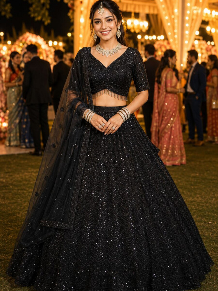 Image of Black Real Premium Net Beads Work Wedding Reception Party Festival Heavy Border Lehenga Choli