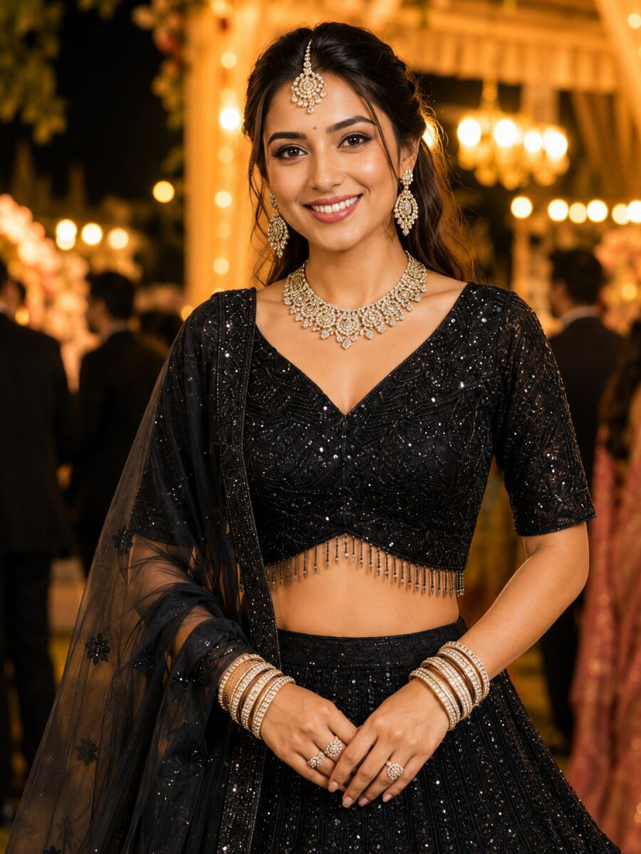 Black Real Premium Net Beads Work Wedding Reception Party Festival Heavy Border Lehenga Choli