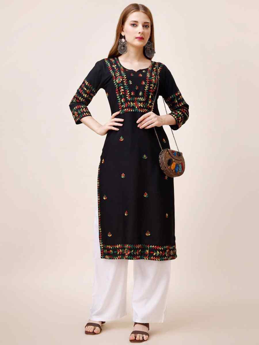 Black Riyon Cotton Embroidered Festival Casual Kurti