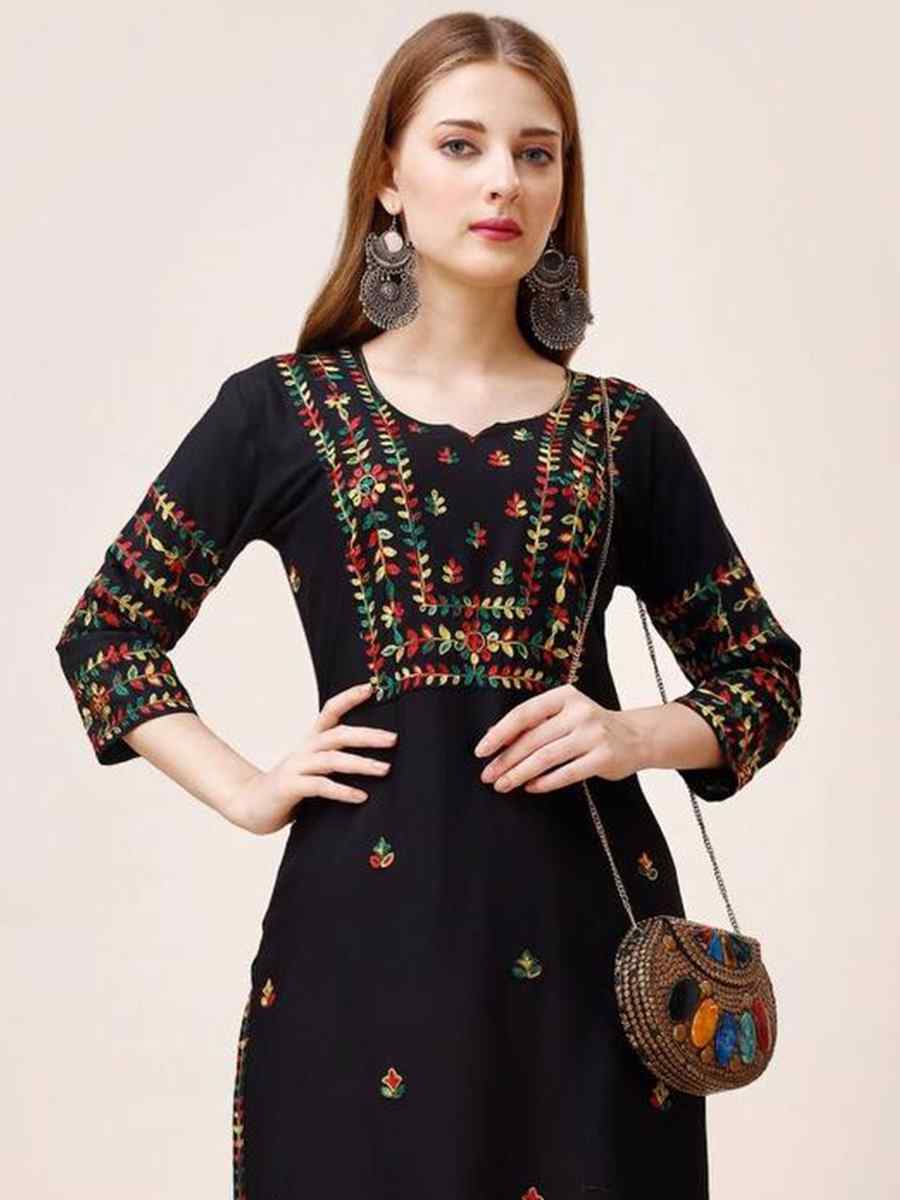Black Riyon Cotton Embroidered Festival Casual Kurti