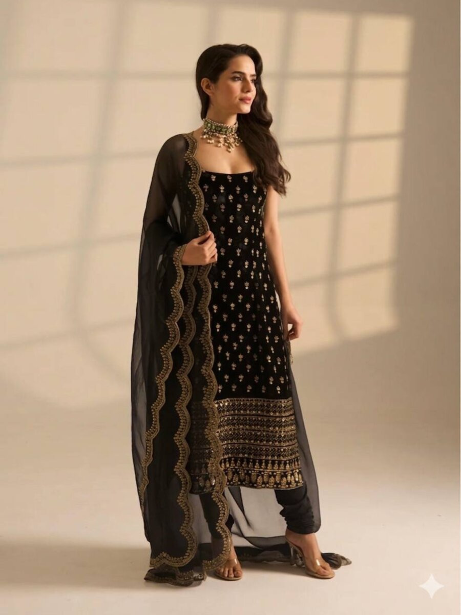 Black Roman Glass Satin Embroidery Wedding Party Festival Casual Ready Churidar Salwar Kameez