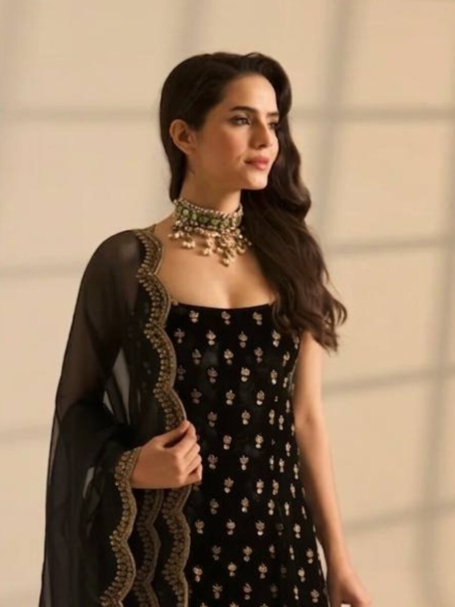 Black Roman Glass Satin Embroidery Wedding Party Festival Casual Ready Churidar Salwar Kameez