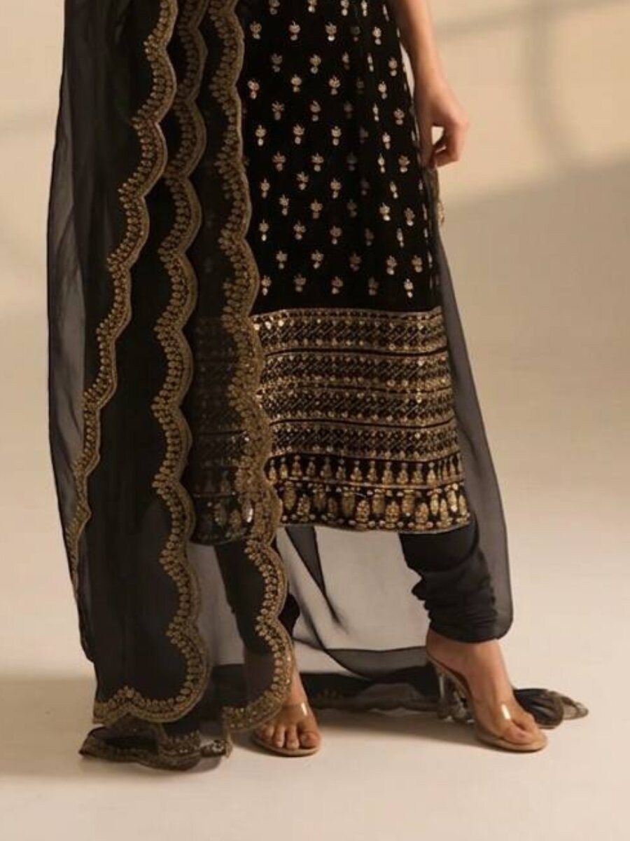 Black Roman Glass Satin Embroidery Wedding Party Festival Casual Ready Churidar Salwar Kameez