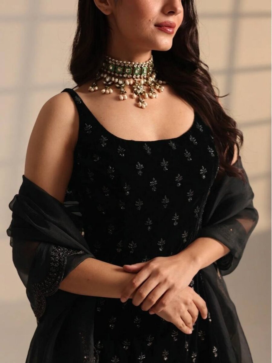 Black Roman Glass Satin Embroidery Wedding Party Festival Casual Ready Churidar Salwar Kameez