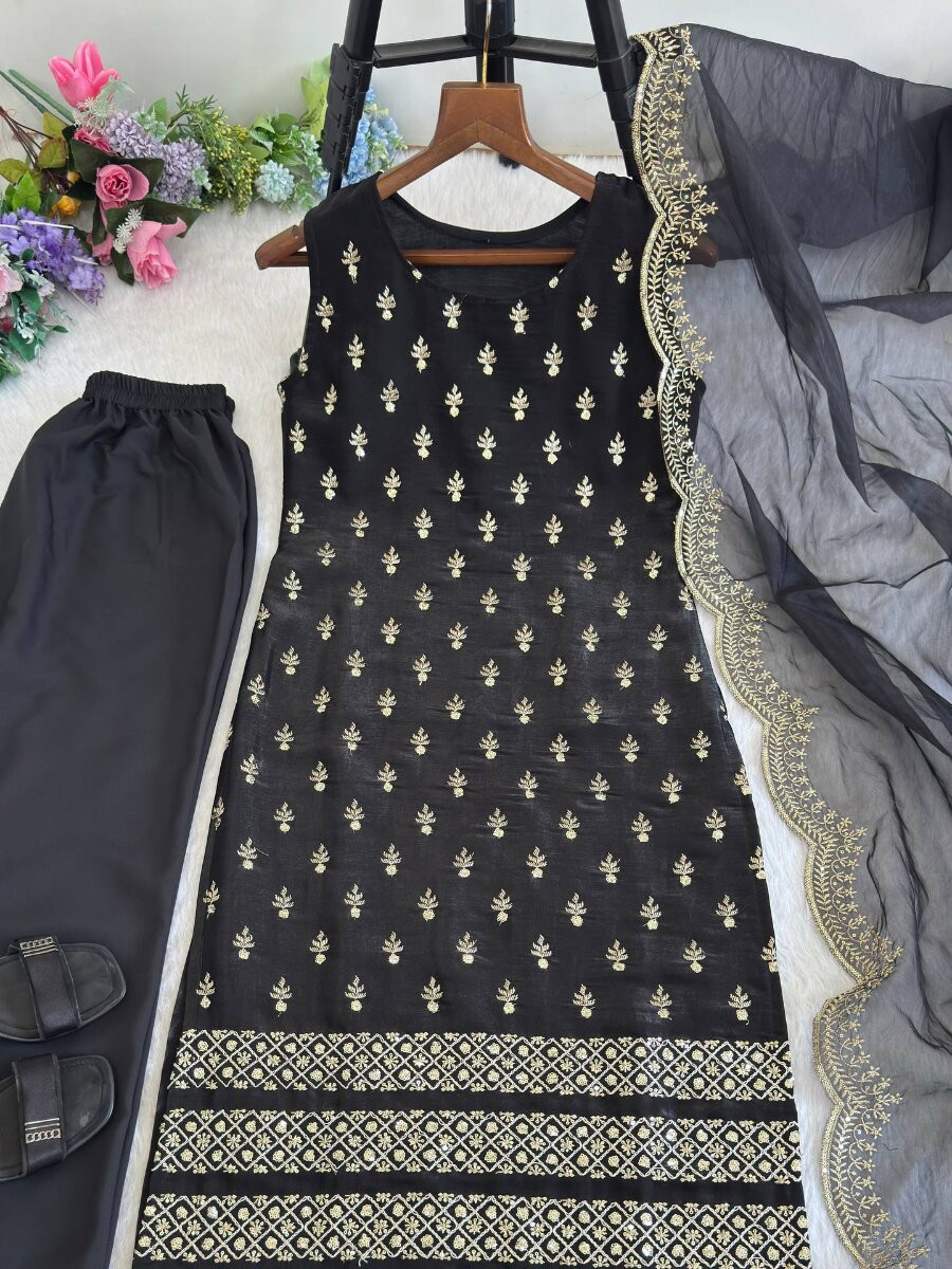 Black Roman Glass Satin Embroidery Wedding Party Festival Casual Ready Churidar Salwar Kameez