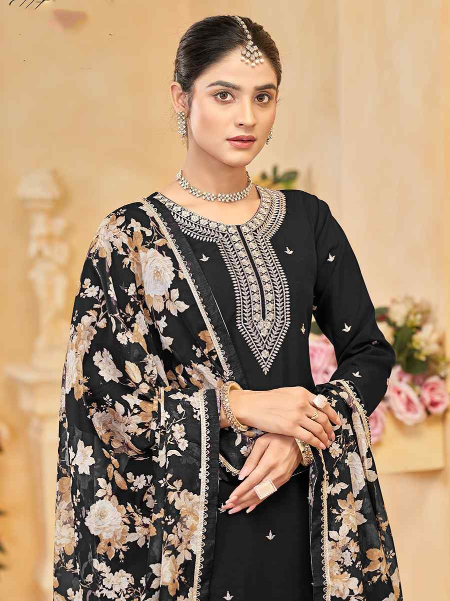 Black Roman Silk Embroidered Festival Casual Ready Palazzo Pant Salwar Kameez