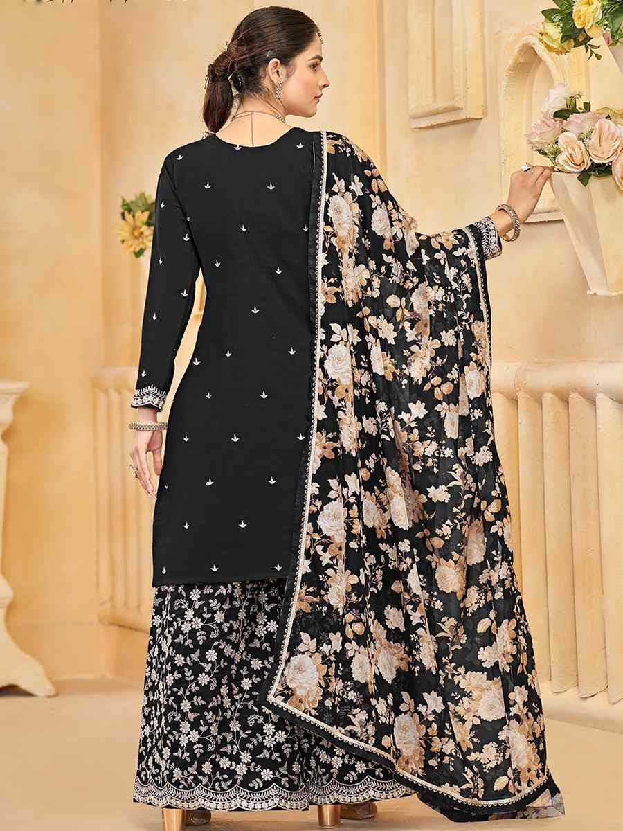 Black Roman Silk Embroidered Festival Casual Ready Palazzo Pant Salwar Kameez