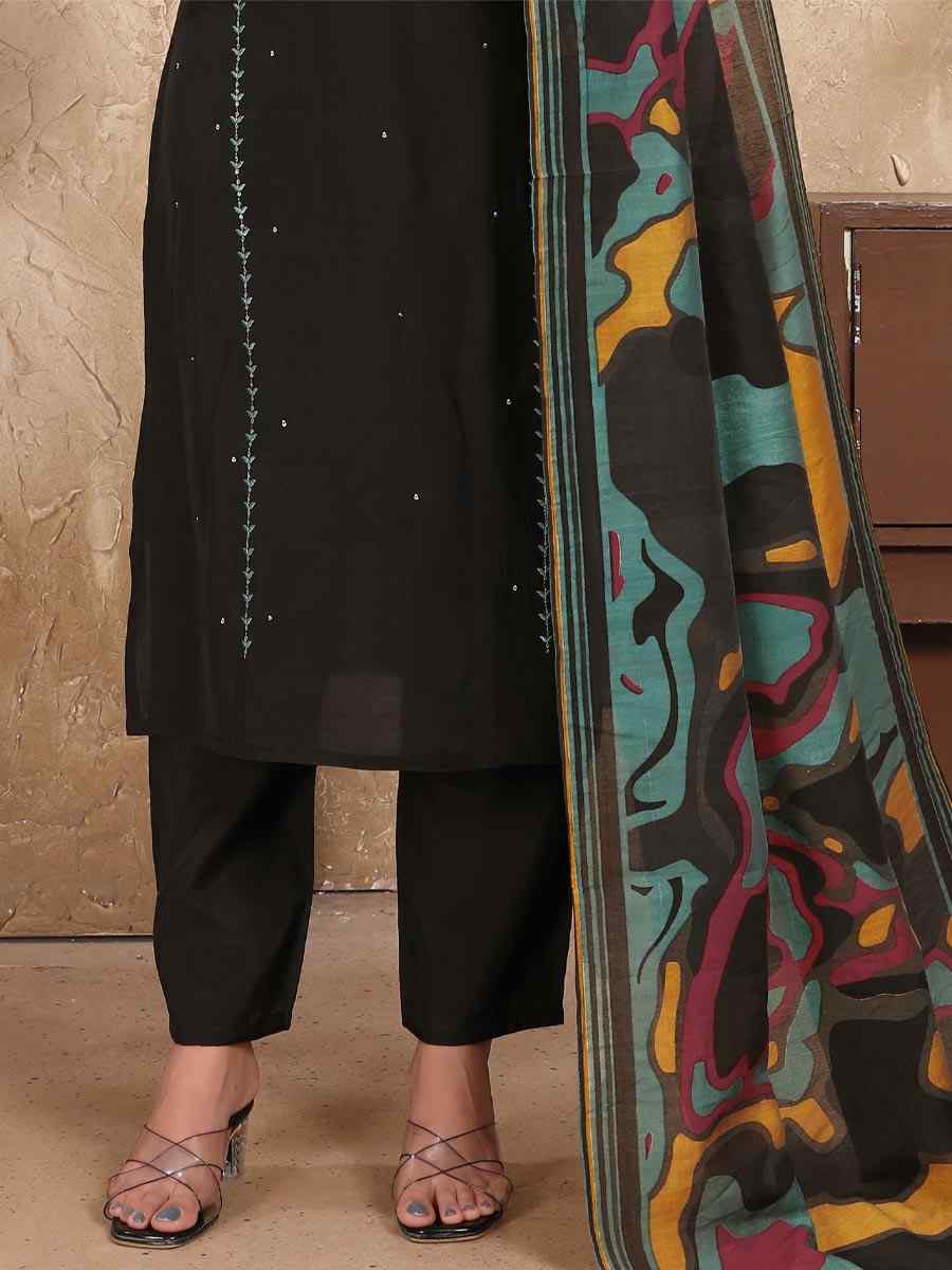 Black Roman Silk Embroidered Festival Casual Ready Pant Salwar Kameez