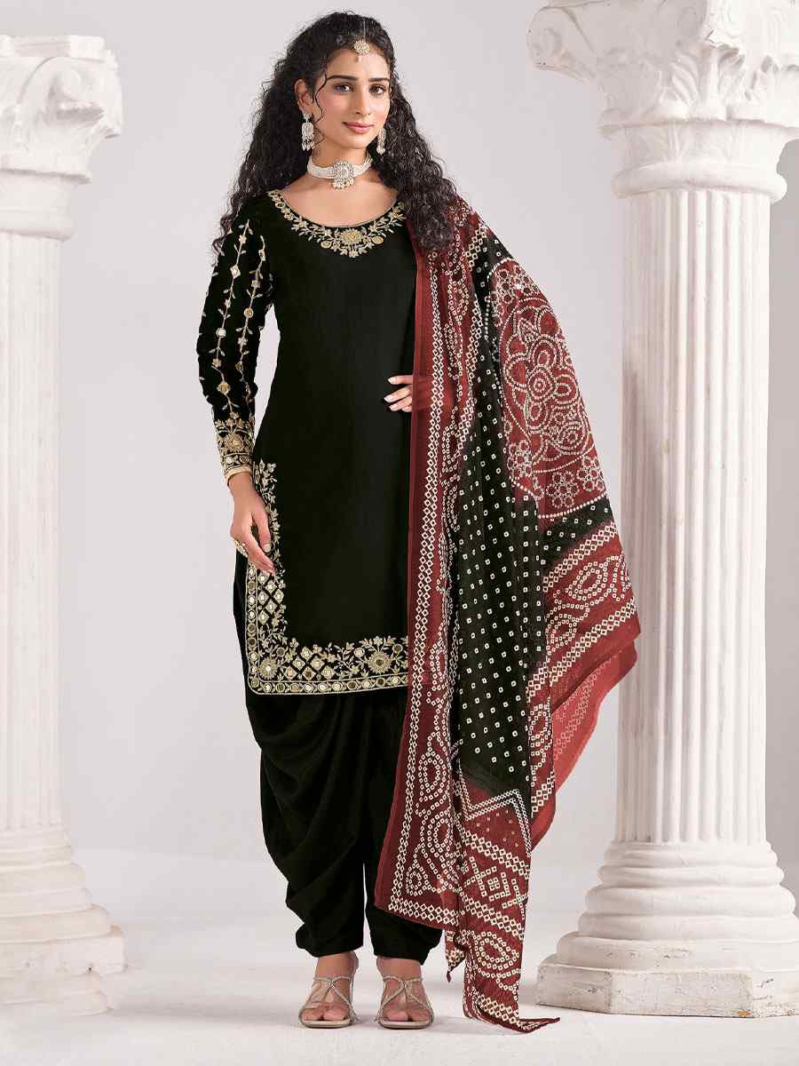 Black Roman Silk Embroidered Festival Wedding Patiala Salwar Kameez