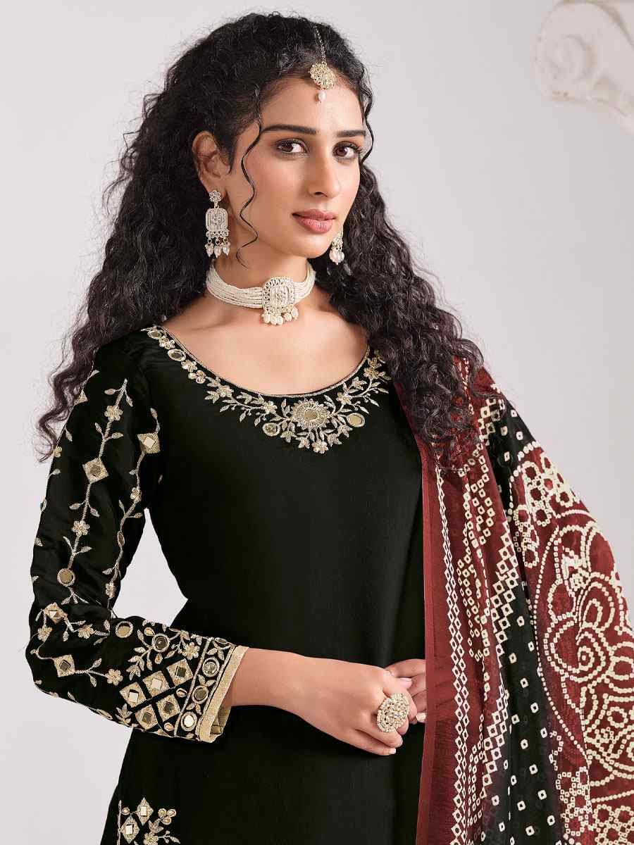 Black Roman Silk Embroidered Festival Wedding Patiala Salwar Kameez