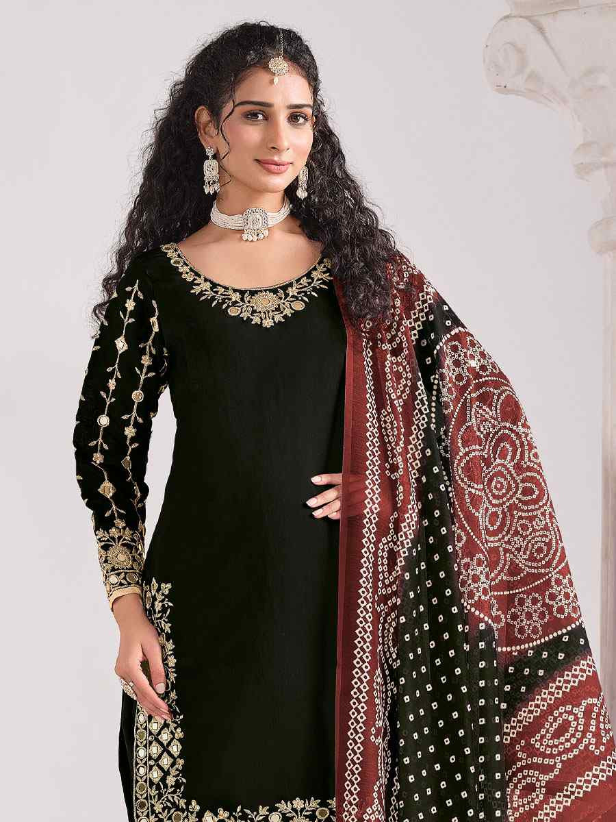 Black Roman Silk Embroidered Festival Wedding Patiala Salwar Kameez