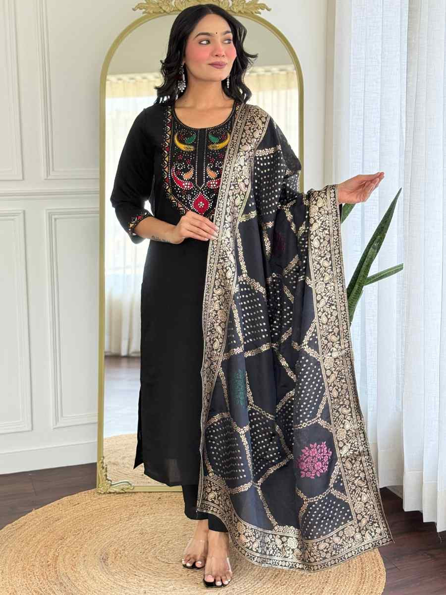 Black Roman Silk Embroidered Party Wedding Ready Pant Salwar Kameez